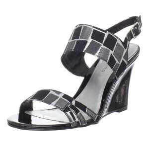ANN MARINO WOMEN'S MINDY BLACK AND SILVER WEDGE SANDAL SZ 10